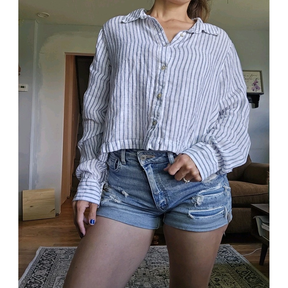 Christian Siriano L Womens Linen Striped Button Down Blue White Nautical Coastal